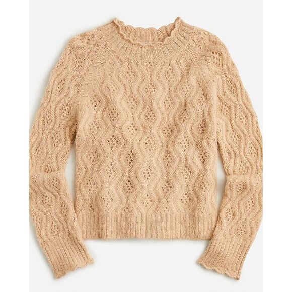 J Crew Women’s Pointelle Scallop Trim Sweater Beige Tan Crochet Eyelet Alpaca XL - Picture 1 of 8
